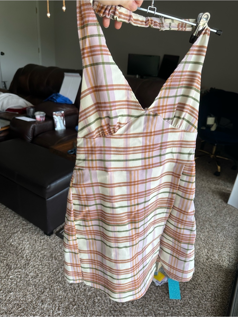 Plaid V-Neck Sleeveless Mini Dress Romper in Pink and Olive